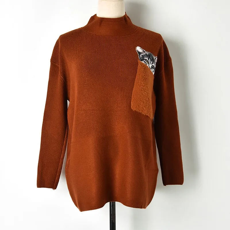 2018 Winter Pocket Cat Thick Turtleneck Sweater Womens Full Sleeve Warm Knit Female Fashion Causal Loose Pullover Tops | Женская одежда
