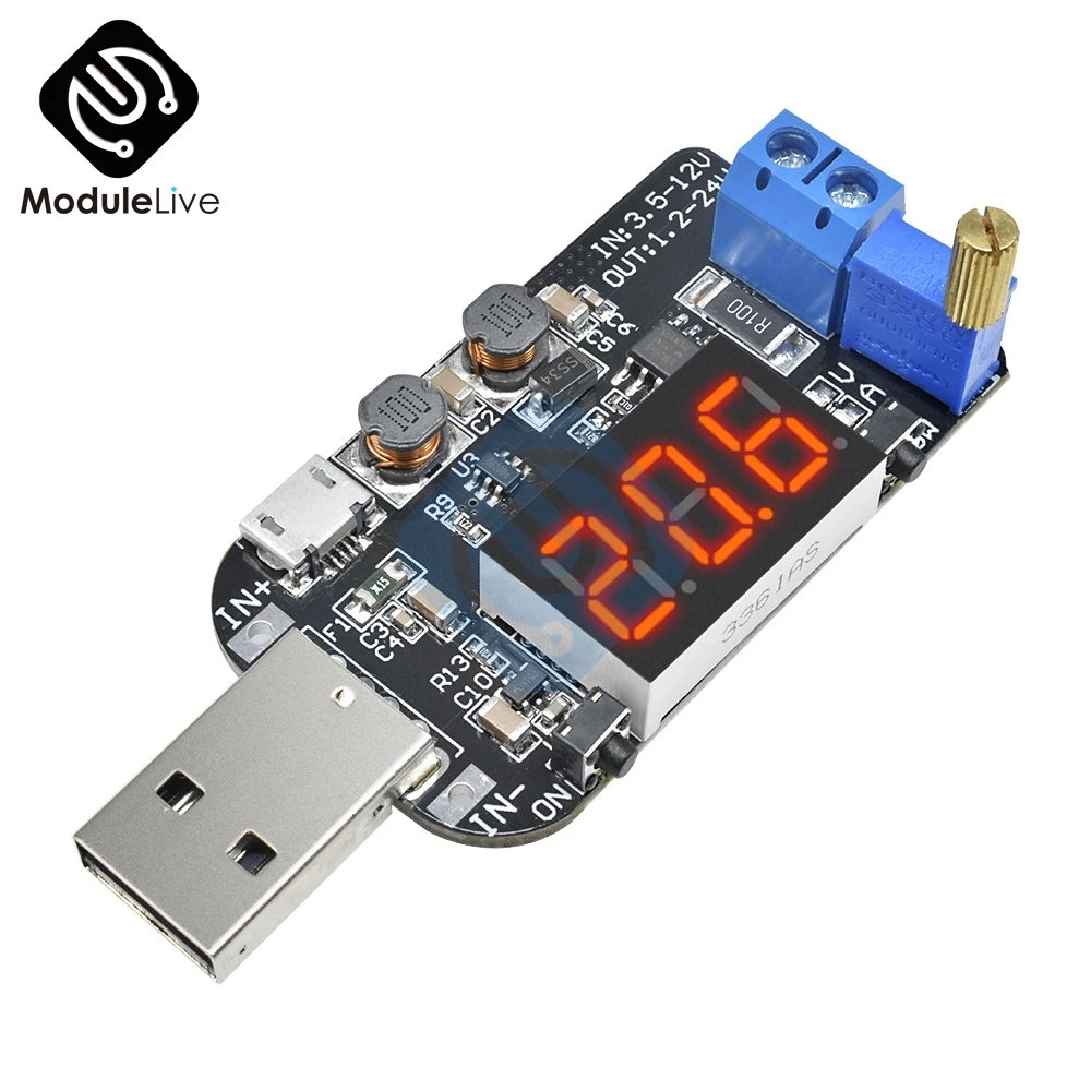 

USB With Current Micro USB 5V to 3.3V 9V 12V 18V 24V Adjustable LED Display Buck-Boost Power Supply Voltage Regulator Module