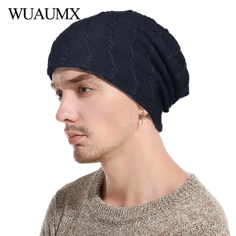 

Wuaumx Casual Winter Beanies Hats For Men Warm Lining With Velvet Solid Color Knitted Cap For Male bonnet homme czapka zimowa