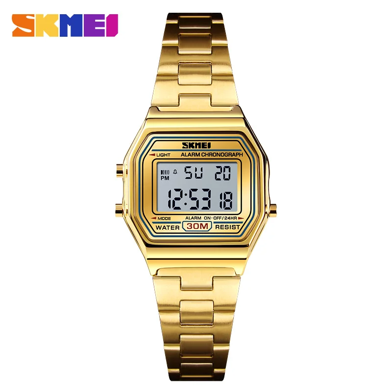 gold women watch SKMEI женские часы цифровые спортивные часы Роскошные модные часы с будильником из нержавеющей стали водонепроницаемые женские часы relogio feminino - Цвет: gold women watch