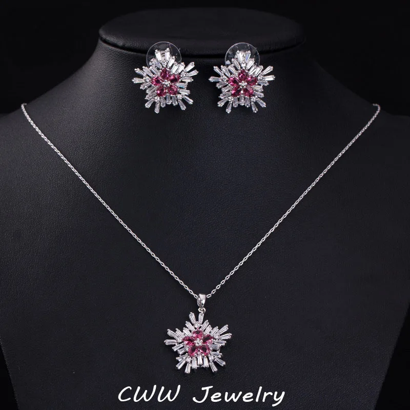 RED CWWZircons сверкающие в форме цветка красные стразы кристаллы серьги и ожерелье кулон наборы для модных женщин ювелирные изделия T079 - Окраска металла: RED