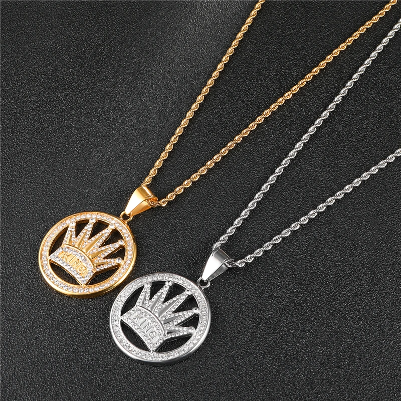 Ожерелье в стиле хип хоп со сверкающими фианитами и короной ожерелья из титановой нержавеющей стали круглые