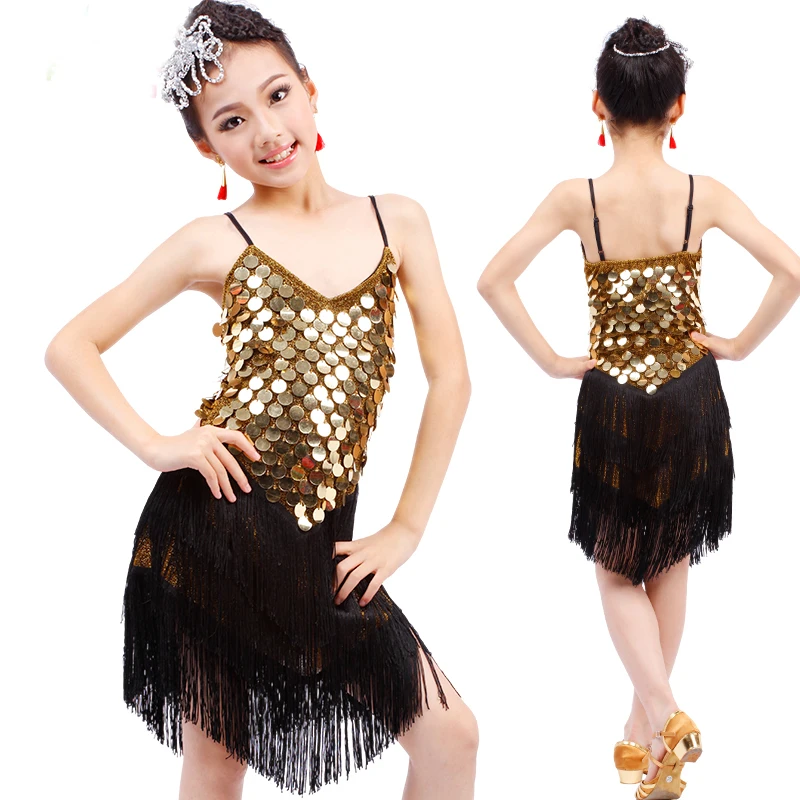 

Sequin Fringe Dress Dance Gold Latin Competition Costumes for Girls Salsa Dresses With Tassels Samba Clothing Children Ballroom