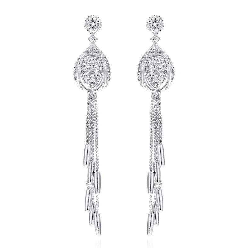 Silver Женские серьги-подвески на цепочке с кисточками золотого и серебряного цвета, вечерние, свадебные, высокое качество, циркон, медь - Окраска металла: Silver