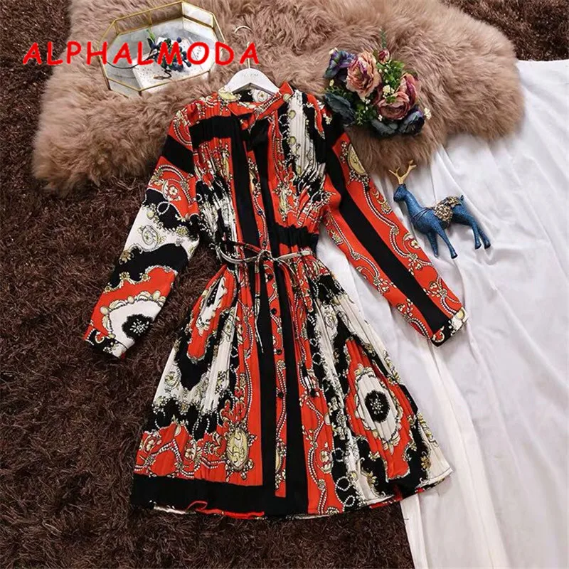 Женское плиссированное платье ALPHALMODA винтажное однобортное с круглым вырезом