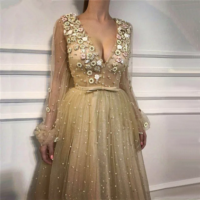 

Muslim Evening Dresses A-line V-neck Long Sleeves Lace Beaded Long Islamic Dubai Saudi Arabic Long Formal Evening Gown