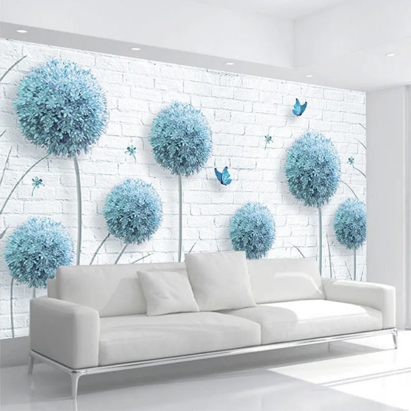 Современные Простые обои с синим одуванчиком и бабочкой кирпичные гостиная ТВ