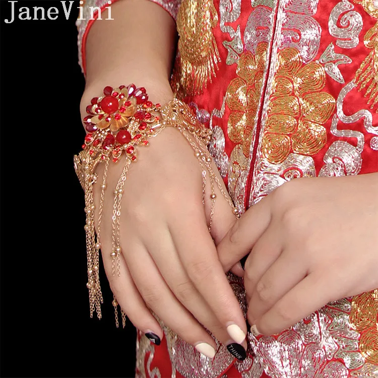 

JaneVini Bridal Chinese Style Hand Fan Pearl Wedding Bouquet Gold Red Plum Blossom Brides Bouquet Wedding Flowers Scalloped Fan