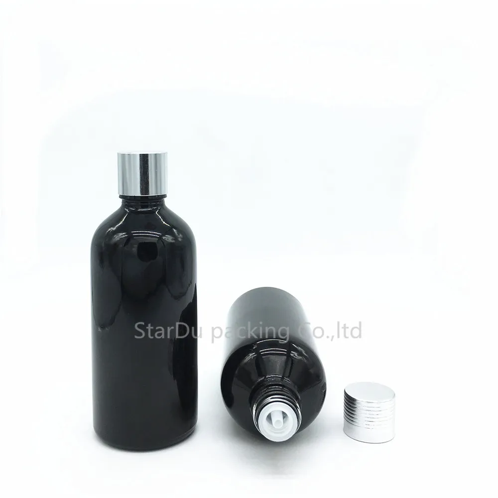 

12pcs 100ML Black Glass Bottle Serum container, Vials Essential Oil Bottle With Silvery Screw Cap Perfume Bottle