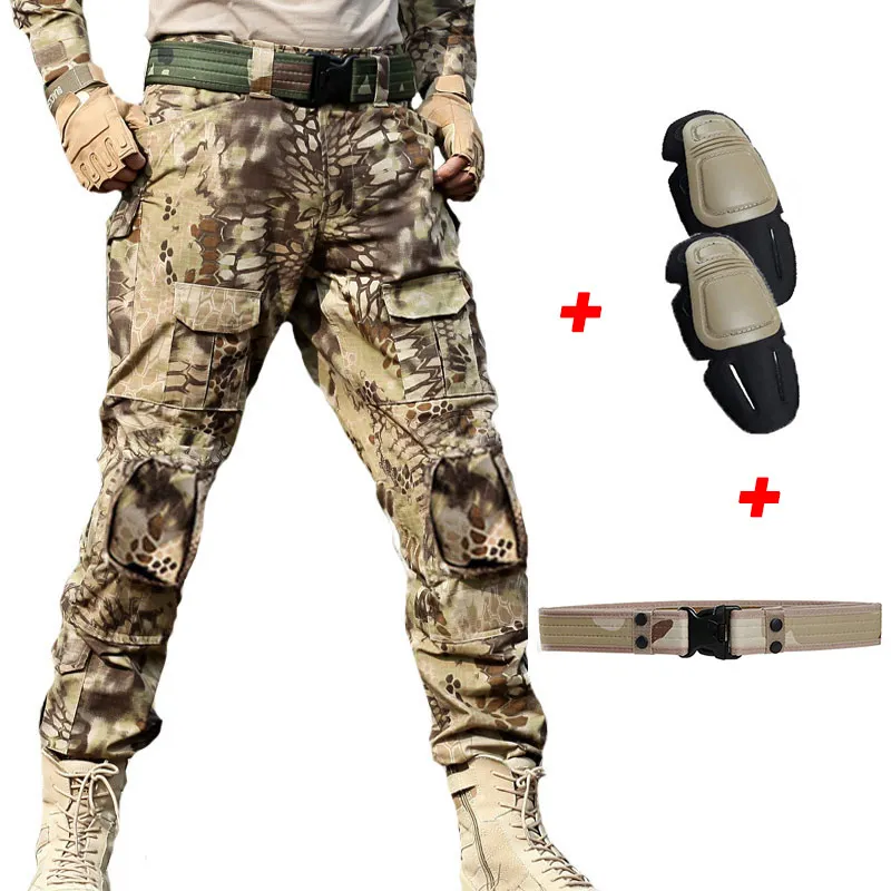 Pants With Pads belt Военные тактические брюки мужские Мульти карманные Панталоны лягушка КАРГО КАМУФЛЯЖ рабочие брюки армейский Охотник SWAT Combat CS Брюки наколенники - Цвет: Pants With Pads belt