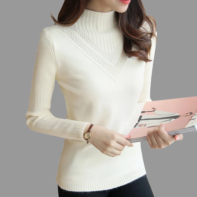 Свитер женский корейский однотонный с высоким воротником пуловер вырезами