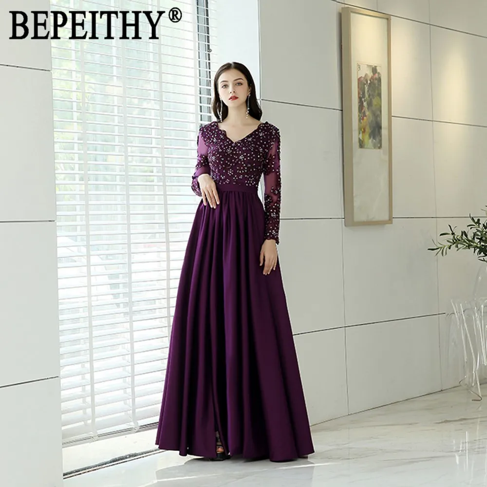 BEPEITHY vestido de festa Новое поступление элегантные кружевные бусы с v-образным вырезом Фиолетовый атласный пояс сексуальный длинный рукав с разрезом вечерние платья