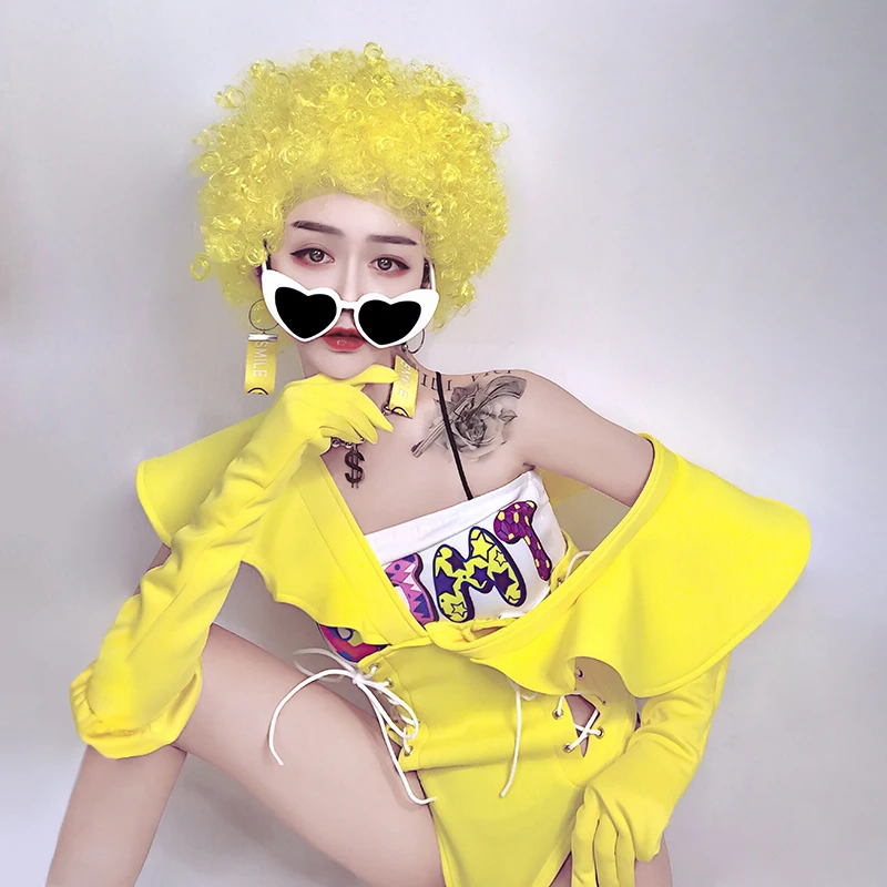 Новый милый джазовый костюм для женщин костюмы DJ желтый комбинезон ночного клуба