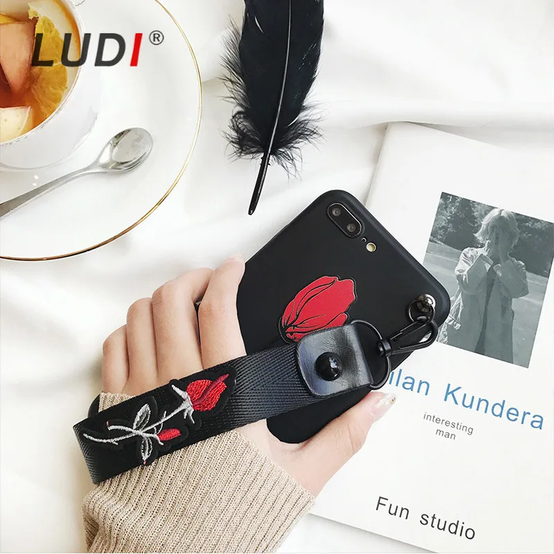 LUDI 3D Floral Red Rose Phone Case for iPhone X/8/7/7plus Soft Black Hipster Embroisery Wrist Strap Cover 6/6s/XS/MAX/XR XS |