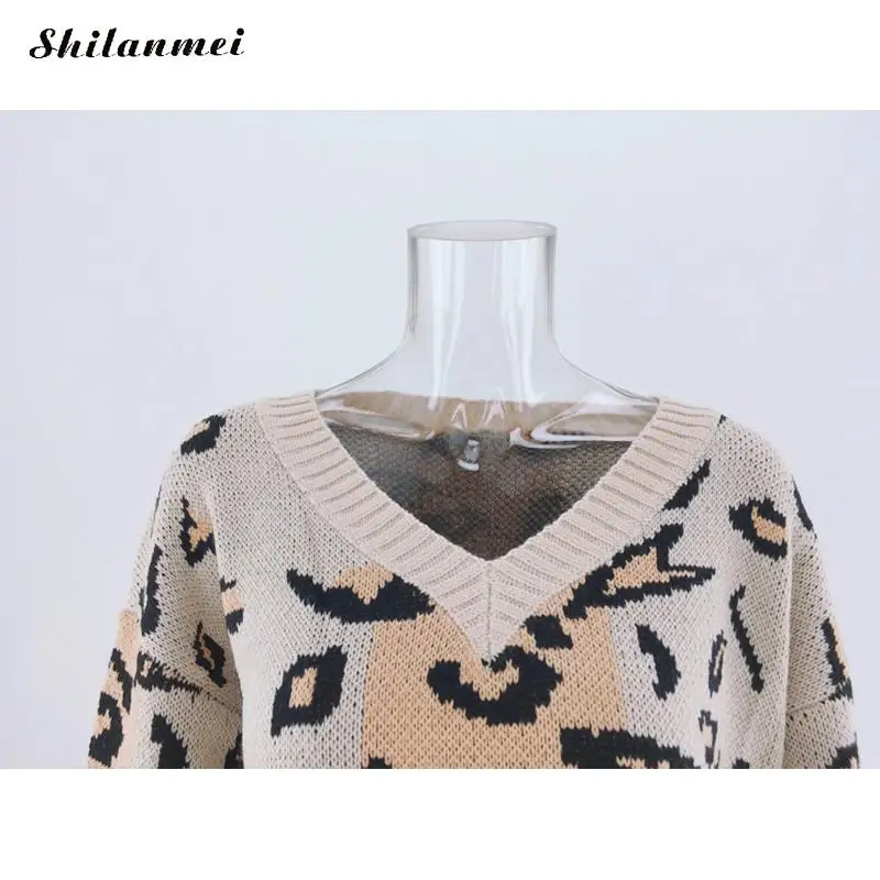

Leopard Print Women Casual Sweaters Autumn Fashion V Neck Knitwear Loose Pullovers Jumper Streetwear Femme invierno 2019
