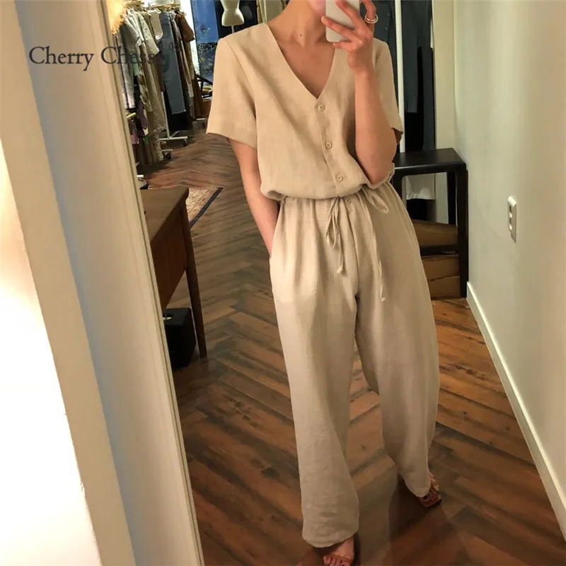 Cherry Chesse Твердые Кнопка Для женщин летние комбинезоны Drawstring V шеи комбинезон