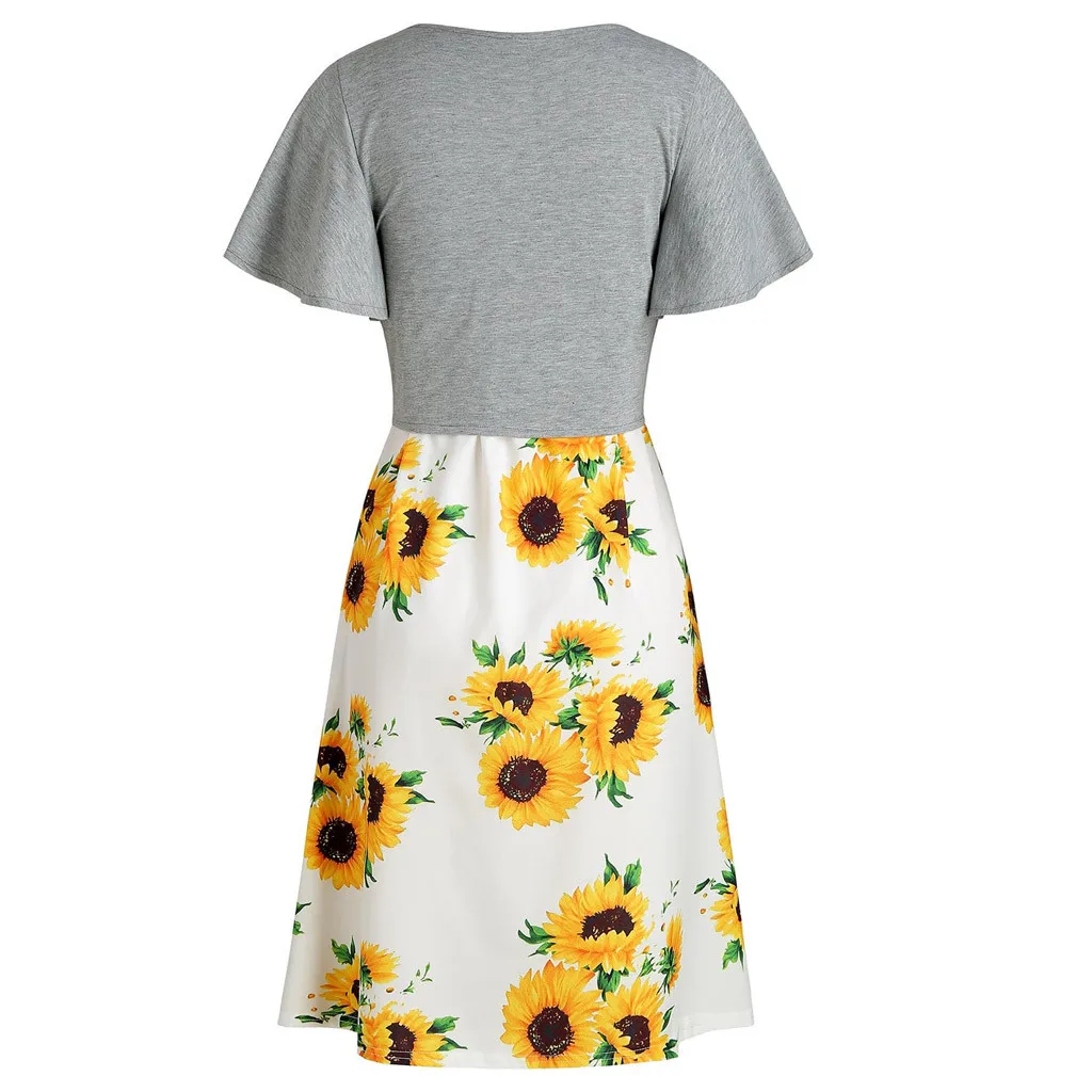 New women's short sleeved Bow Tie Blouse Sunflower Print Dress Suit Fashion Summer Girl Comfortable Dresses Casual|Женские платья| |