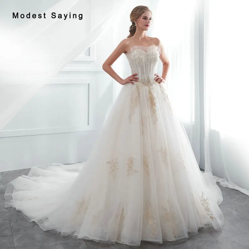 

Женское свадебное платье, белое и Золотое кружевное платье с бусинами и шлейфом в стиле часовни, 2019