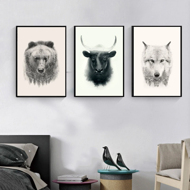 

Nordic Style Grassland Animal Canvas Painting Bull And Bear Wolf Poster Picture Home Wall Art Decoration Can Be Customized