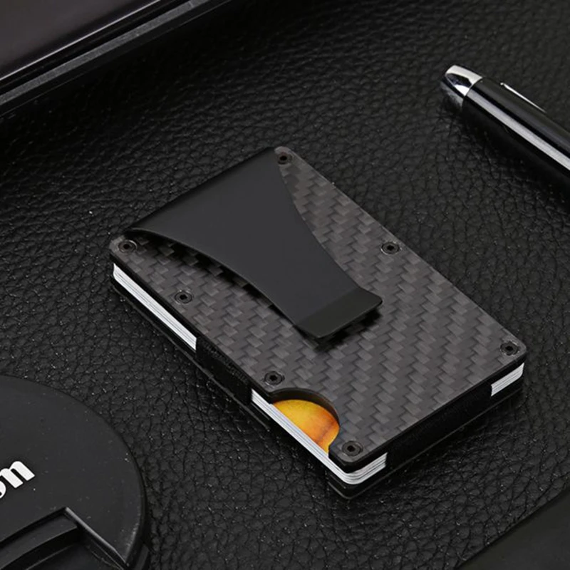 Мини тонкий кошелек из углеродного волокна RFID с металлическим зажимом для