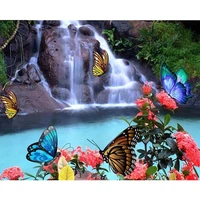 5d diy diamond painting cross stitch full square round diamond waterfall flowers and butterflies picture for room decor h911