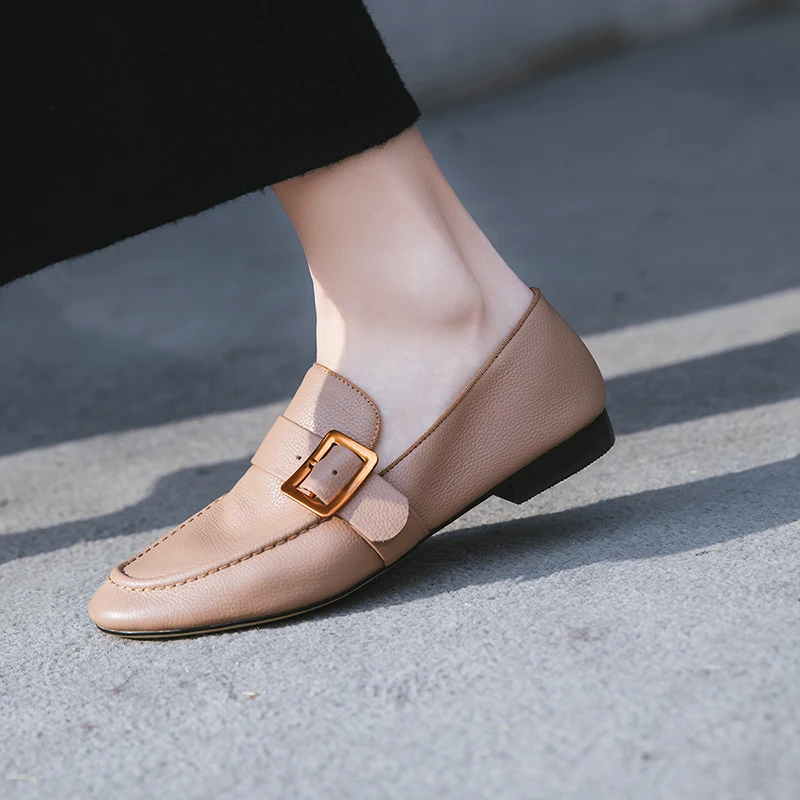 

WETKISS Cow Leather Women Flats Square Toe Buckle Footwear 2019 Spring Female Loafers Shoes Fashion Casual Mules Shoes Female