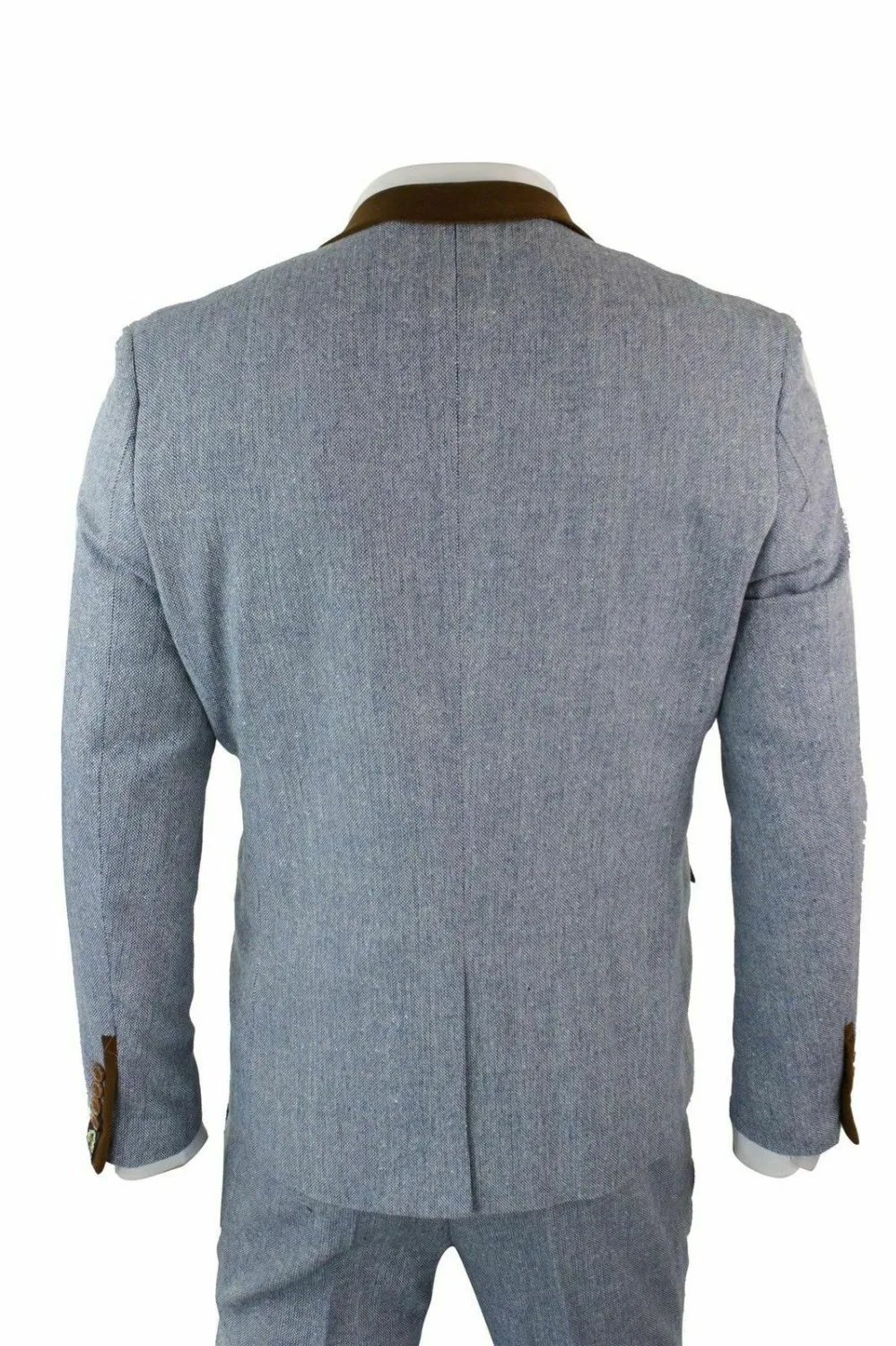 

Mens 3 Piece Herringbone Tweed Light Blue Sky Brown Slim Fit Suit Vintage custom