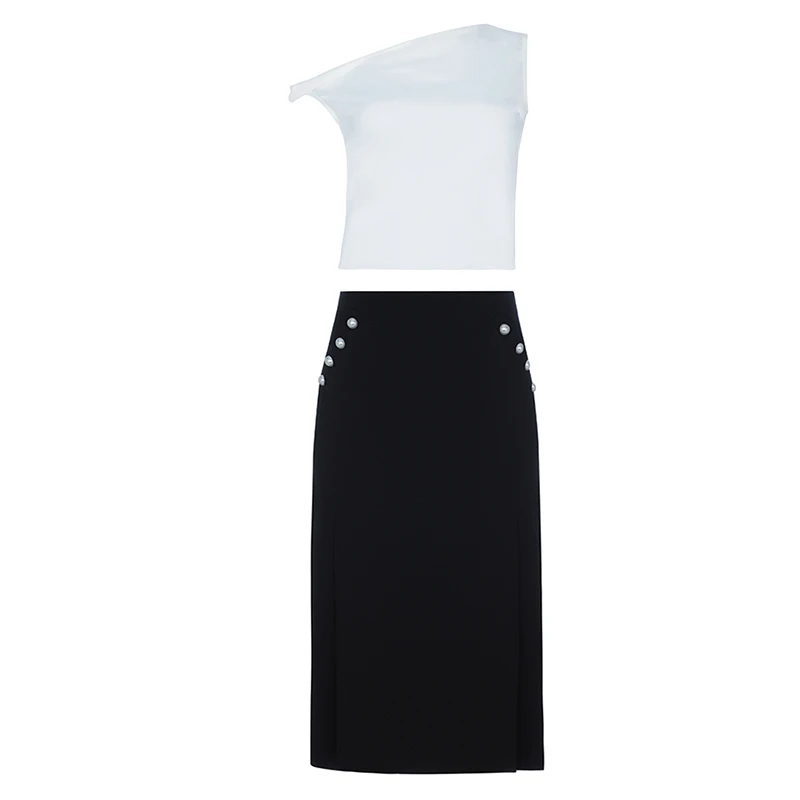 

Max Spri 2019 New Two-piece Set One Shoulder Irregular Neck Sleeveless Top Pearl A Line Ankle Skirt Women Party Hot Sets