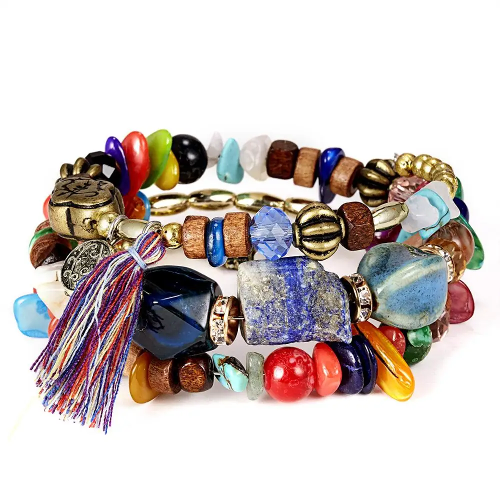 Браслет DoreenBeads многослойный из натурального камня с кисточками многоцветные