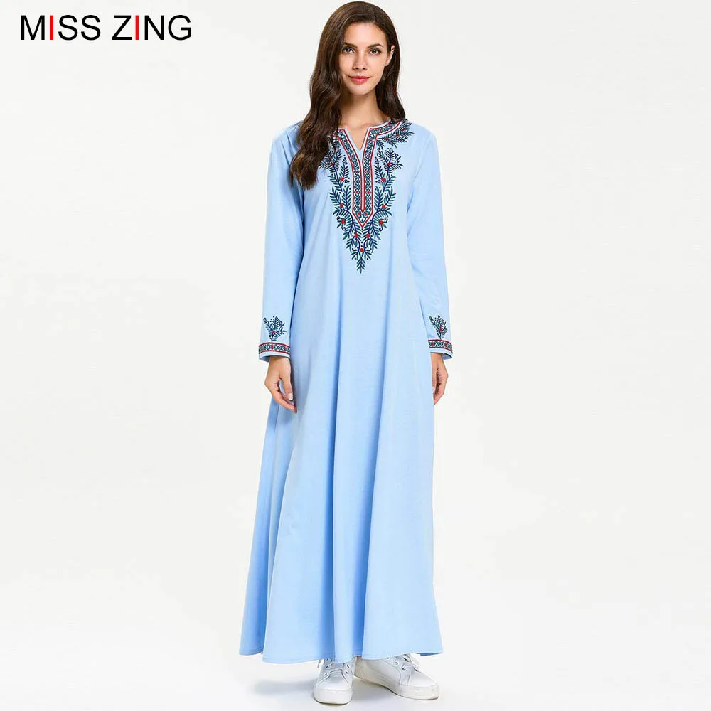 Женское синее платье с вышивкой, юбка с длинным рукавом, v-образный вырез, мусульманское кимоно, длинные платья, Рамадан, Ближний Восток, мусу...
