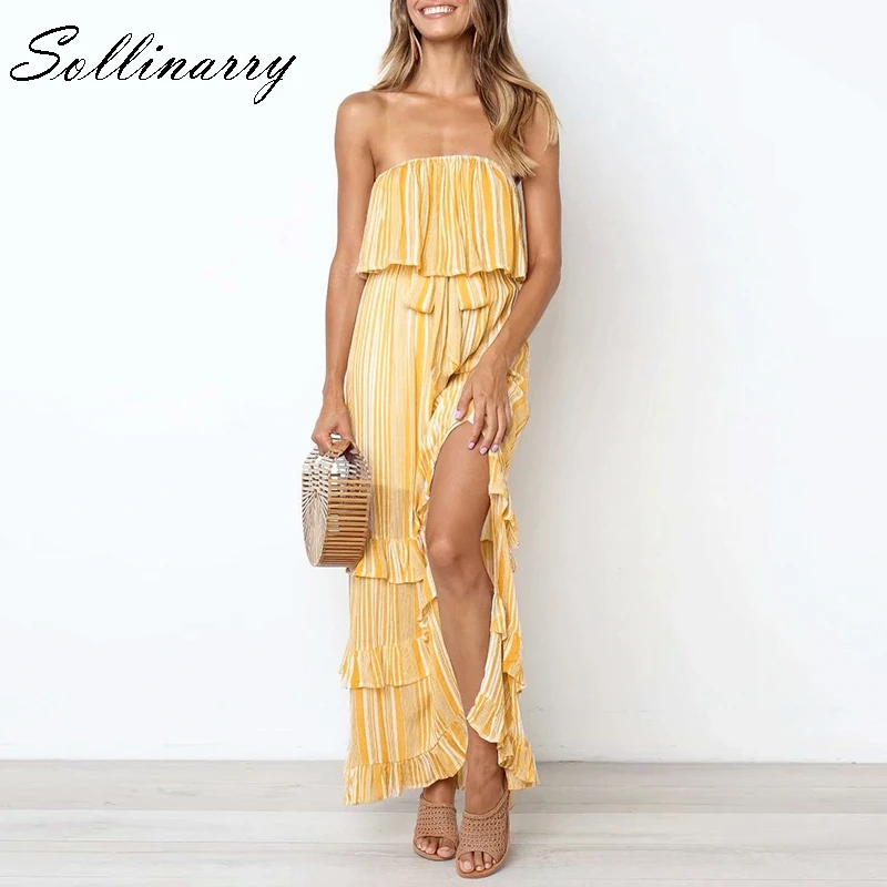 Sollinarry летние женские повседневные пляжные Длинные платья без бретелек