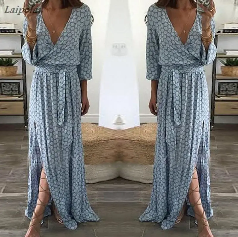 Женское пляжное платье с длинным рукавом и цветочным принтом длинное вечернее в