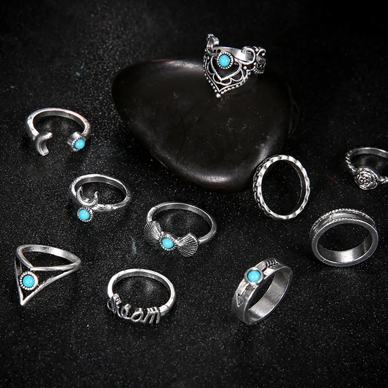 10 Pcs/Set Women Charm Bohemia Retro Moon Fatima Letter Flower Arrow Shell Crown Gem Opening Ring Set Party Wedding Jewelry Gift | Украшения