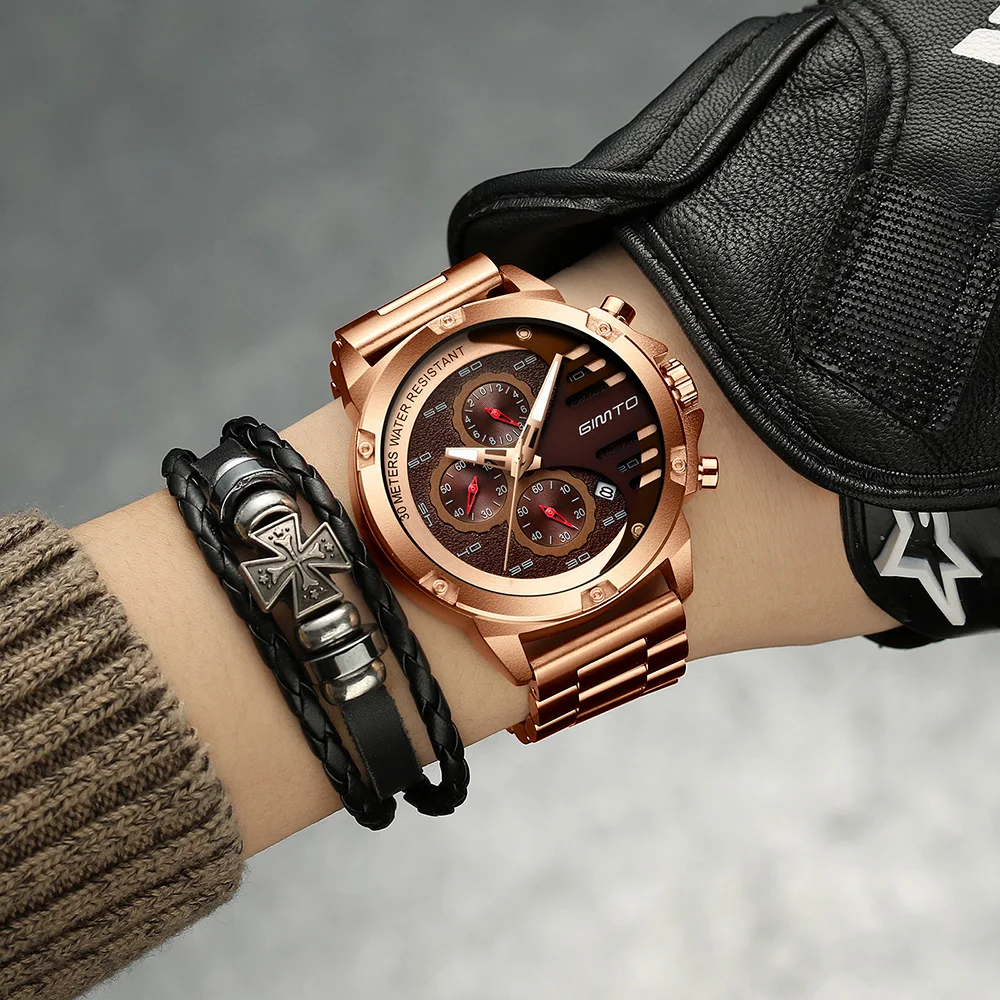GIMTO креативный крутой дизайн мужские часы хронограф кварцевые черного золота из