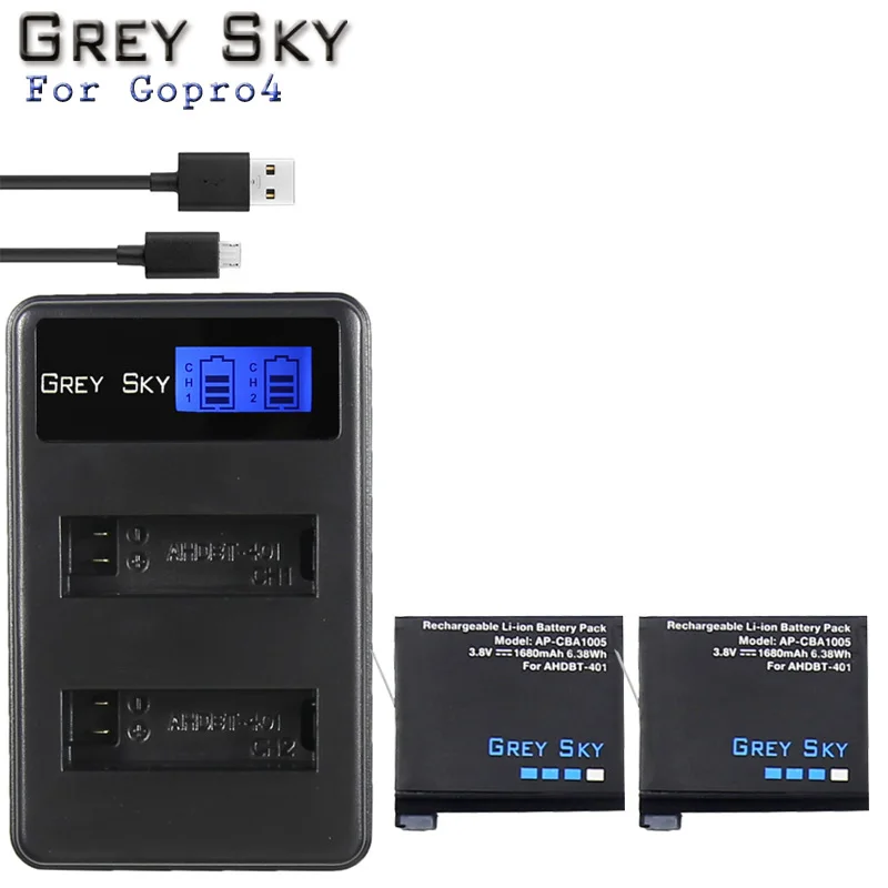 Charger and 2battery AHDBT-401+ lcd USB двойное зарядное устройство для Gopro Hero 4 батареи Go Pro Hero4 bateria AHDBT 401 аксессуары для экшн-камеры - Цвет: Charger and 2battery