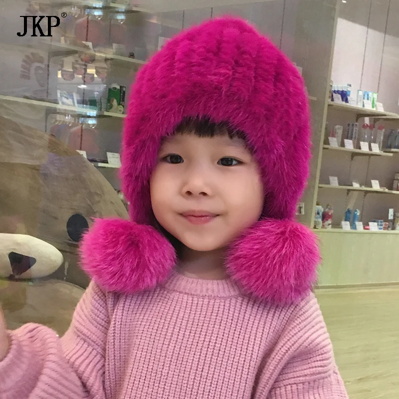 

Winter Kids fur hat Natural Knitted Mink Fur hat With Fox fur Pom Pom Ball Cap baby Girl boys Hat