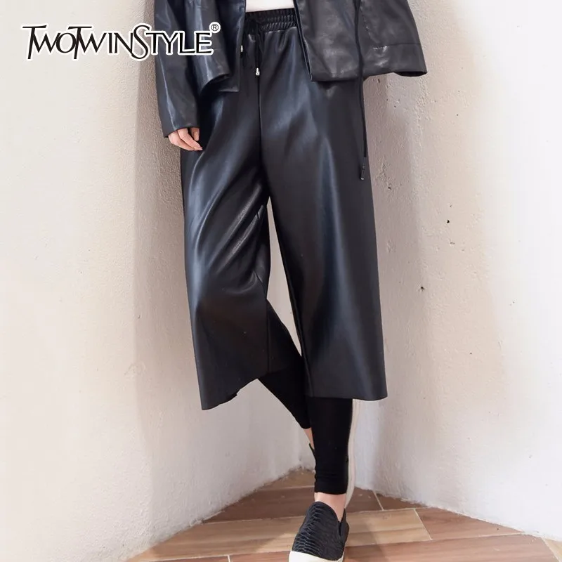 TWOTWINSTYLE из искусственной кожи широкие брюки женские эластичные с высокой талией