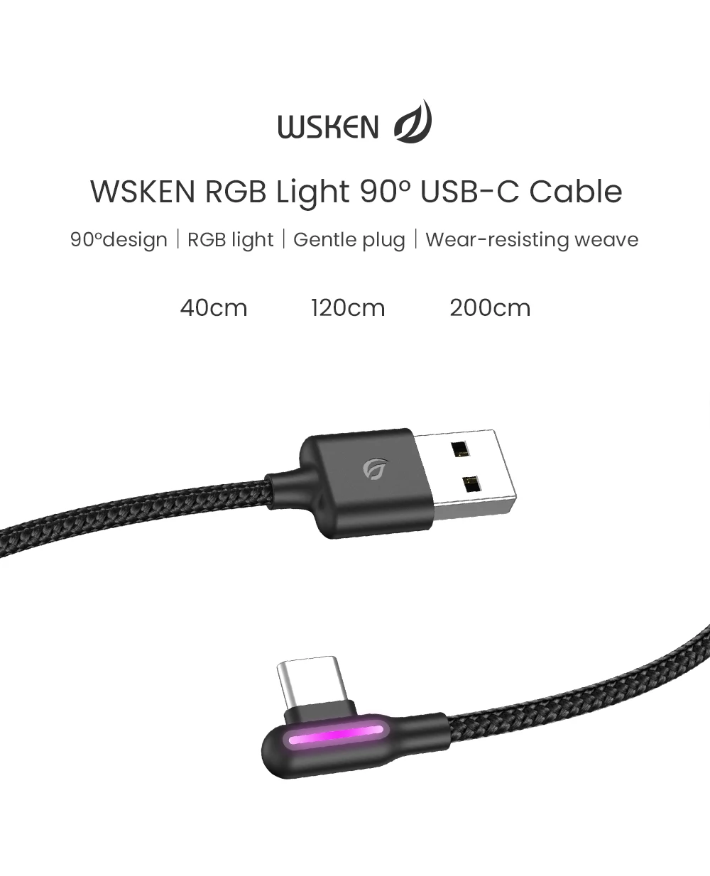Wsken 90 градусов usb type C кабель для samsung зарядное устройство Красочный Светодиодный светильник нейлоновый Плетеный провод USB C кабель Быстрая зарядка type-C шнур