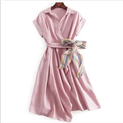 Women Dress 2018 New Summer Long Style Pleated Belt Female Outwear Fashion Casual Turn Down Collar Slim Fit Swing | Женская одежда