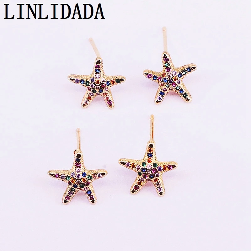 10 пар Позолоченные Модные очаровательные серьги-гвоздики Starfish, радужные циркониевые украшения со стразами, серьги для женщин и девушек