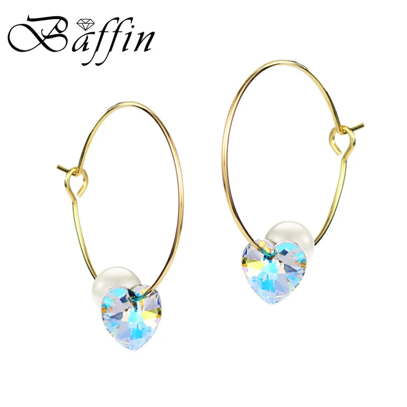 BAFFIN серьги-кольца с голубыми кристаллами в виде сердца от SWAROVSKI для женщин, ювелирное изделие из искусственного жемчуга, висячие серьги на День святого Валентина - Окраска металла: Gold Crystal AB