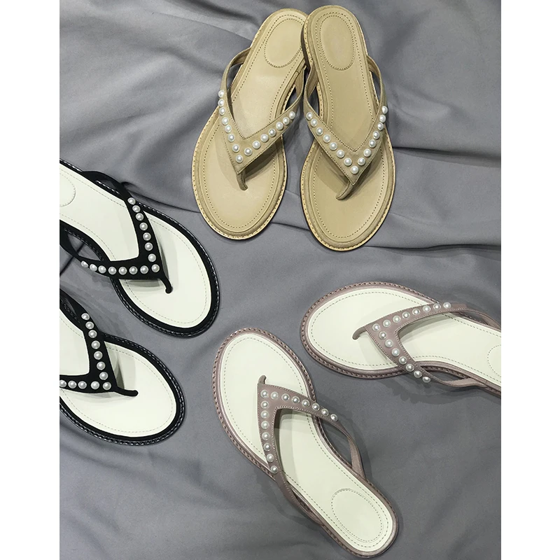 Летние вьетнамки с жемчужинами женские модные трусики-Танго на плоской подошве