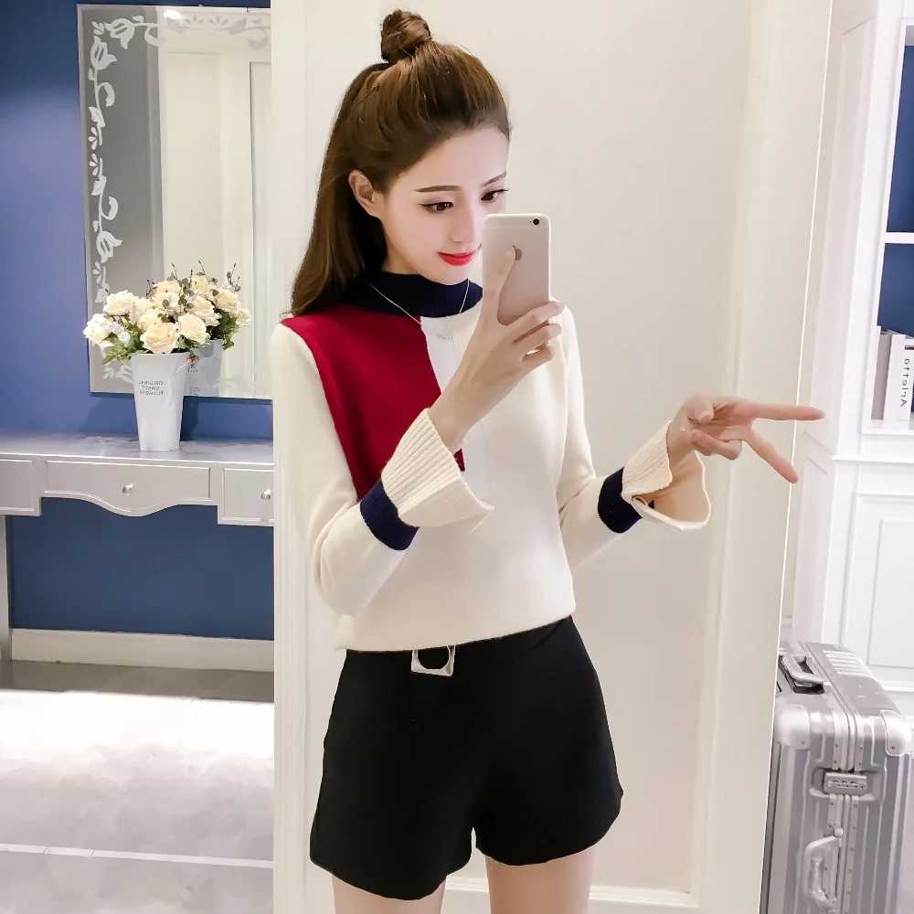 Women Knitted Sweater 2018 Spring Autumn New Turtleneck Fashion Tops Blouse Slim Flare Sleeves Solid Pullovers Sweaters C87741L | Женская