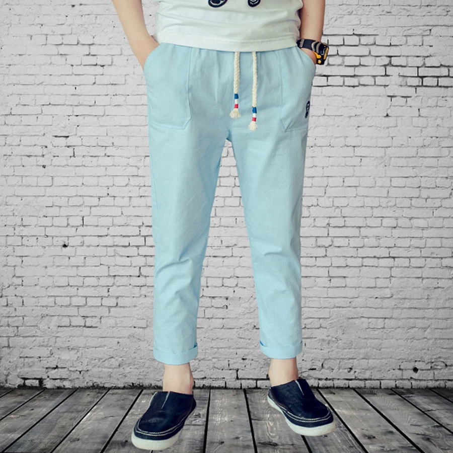 Famli Kids Boys Linen Pants Teen Boy Casual Cotton Elastic Solid Pencil Leggings Children Summer Autumn Ankle Length Trousers |