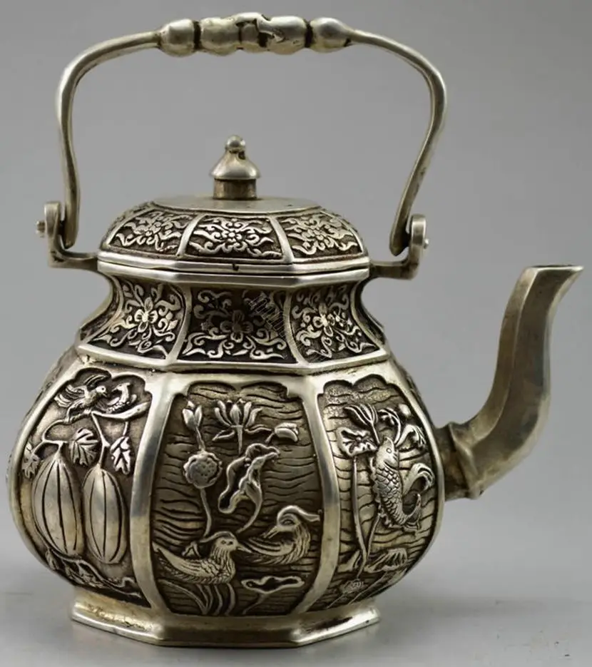 

Collectible Decorated Old Tibet Silver hand-Carved Flower Bird Fish Fruit TeaPot