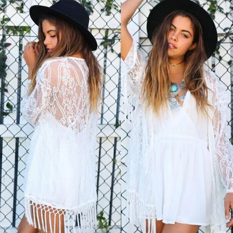 Женское кружевное кимоно Boho кардиган с бахромой и длинным рукавом Пляжная