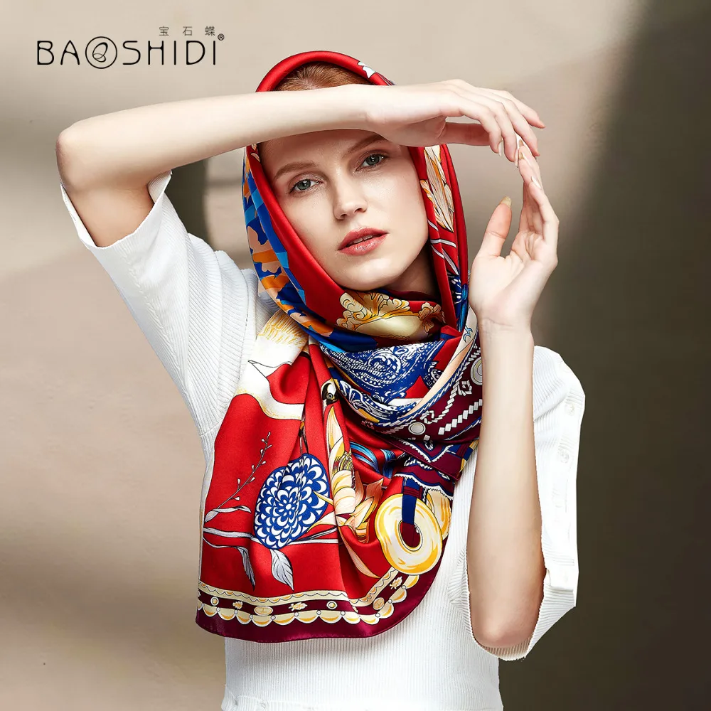 Женский атласный шарф BAOSHIDI платок из 100% шелка на 16 момме квадратный 106*106 с
