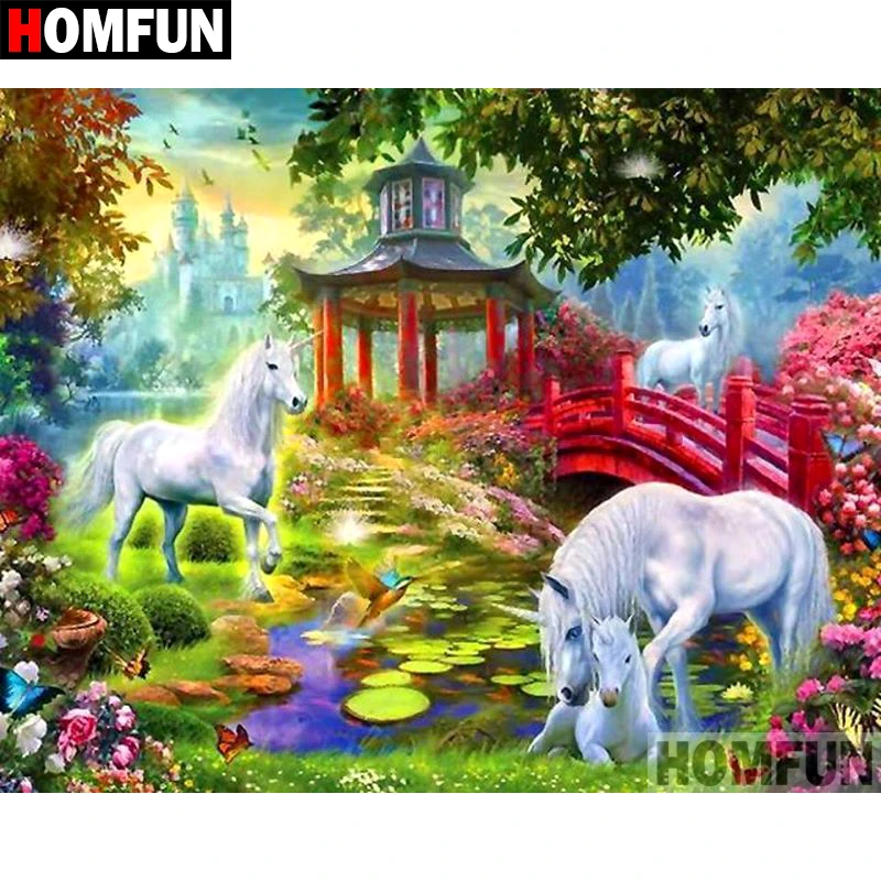 Алмазная 5D Вышивка HOMFUN A08704 полноразмерная/круглая картина Единорог лошадь