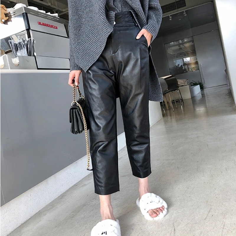 Women Ankle-Length Pants Genuine Sheep Leather Fashion Natural Genuine Sheep Leather Crop Jeans Harem Pants