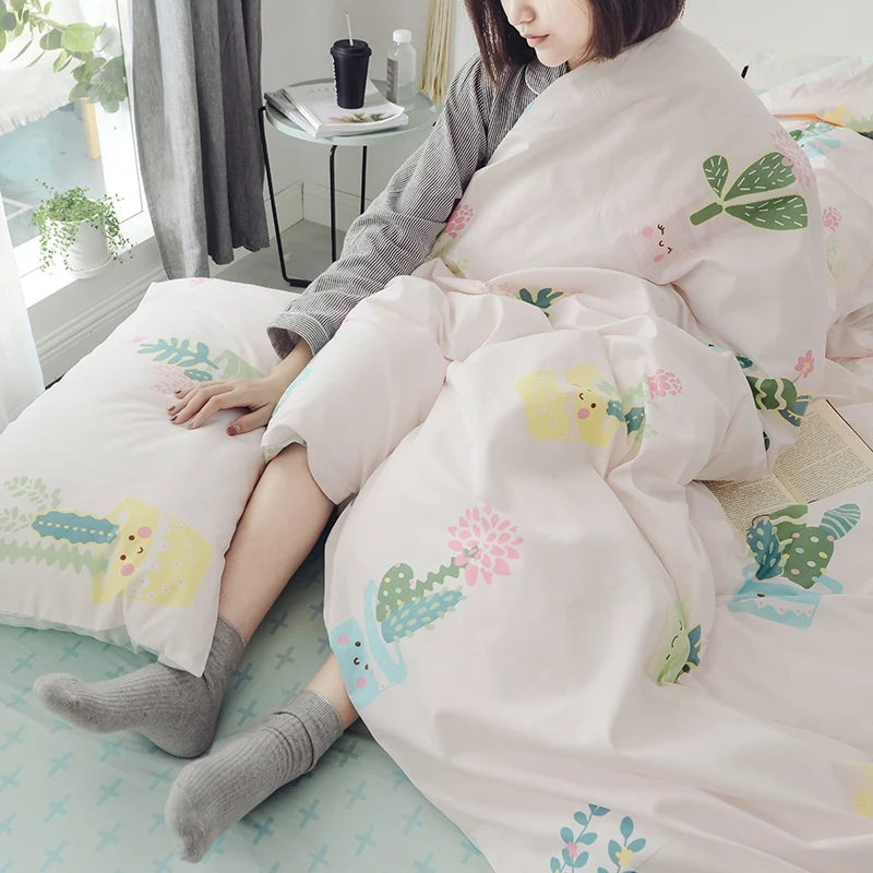 Green Plant Pattern Cotton Soft Bedding Set Queen King Full Size Bed Linen 4Pcs/Set Duvet Cover Sheet AB Side 2019 | Дом и сад